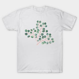 Simple Silver Dollar Eucalyptus Leaves on White T-Shirt